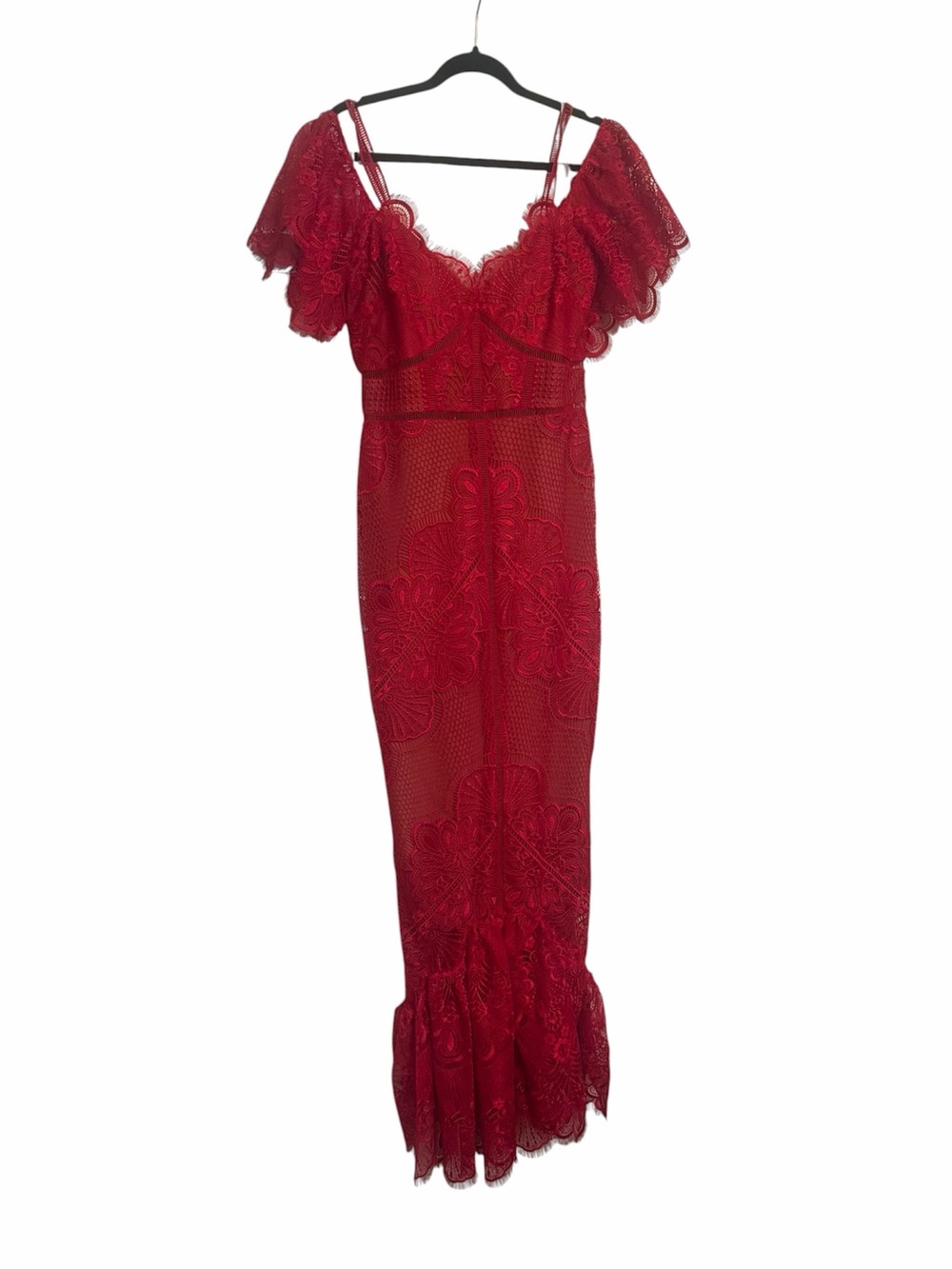 Marchesa Notte Red Lace Cold-Shoulder Dress - Picture 2 of 5